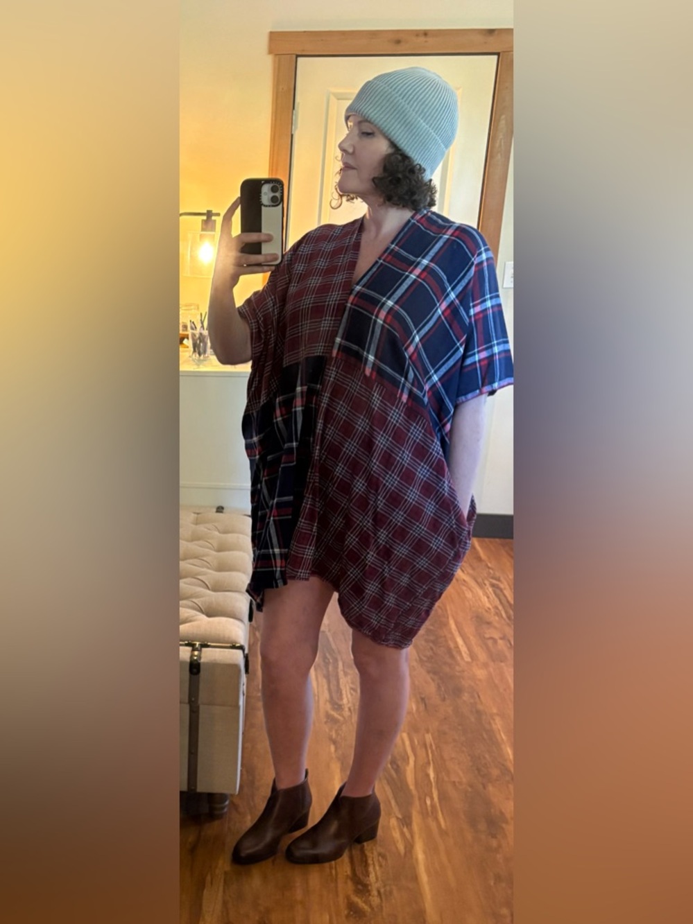 TUESDAY Plaid Patchwork Poncho Tunic Cocoon Dress with Pockets - Red & Navy, OS